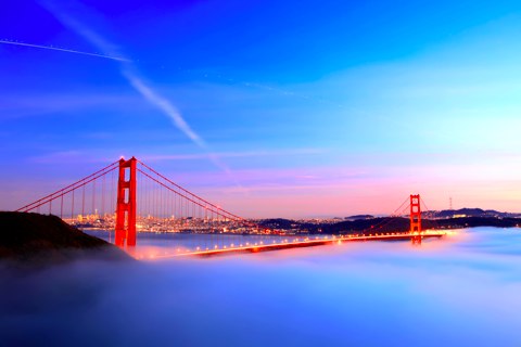 Golden Gate Bridge covered by fog